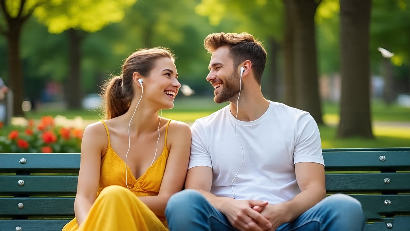 Couple Listening To Music With Earphones